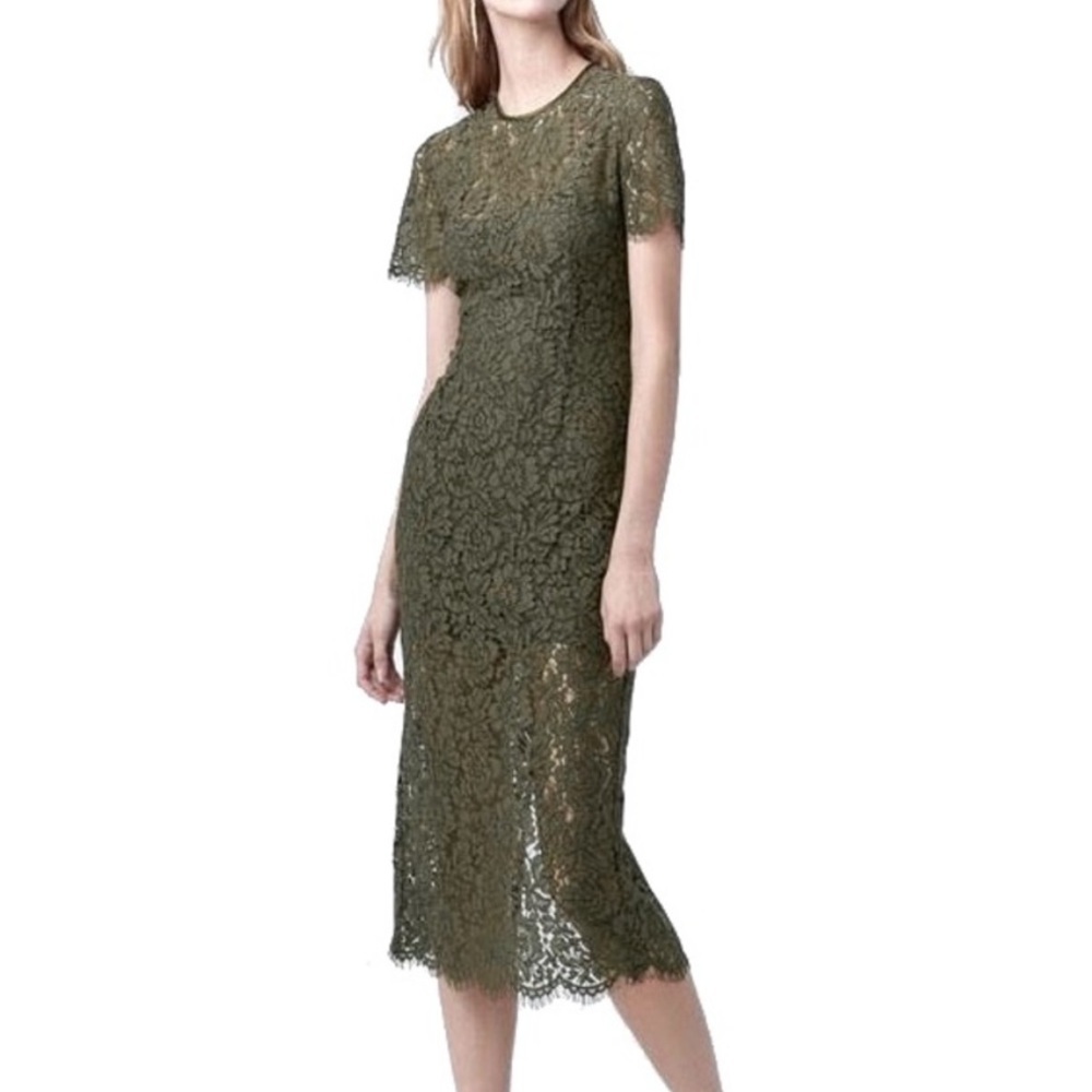 DIANE VON FURSTENBERG | DVF Green Carly Lace Overlay Short Sleeve Midi Dress